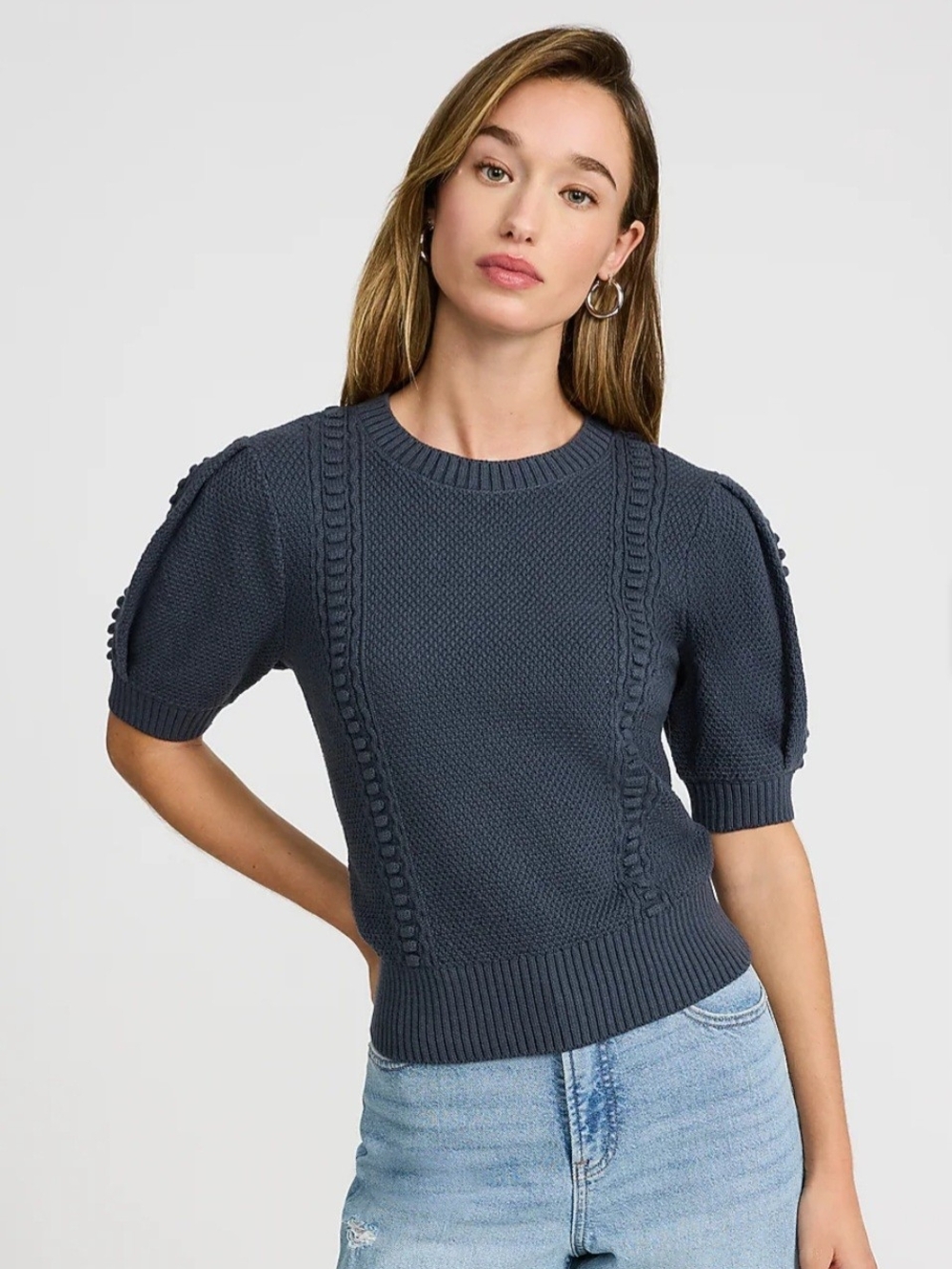 Express Textured Crew Neck Puff Sleeve Sweater